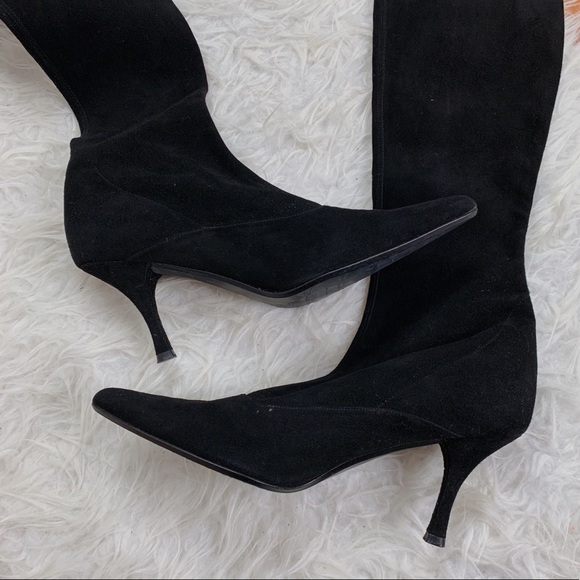 Stuart Weitzman Black Suede Knee High Sock Boots Kitten Heel Size 10 - Picture 4 of 8